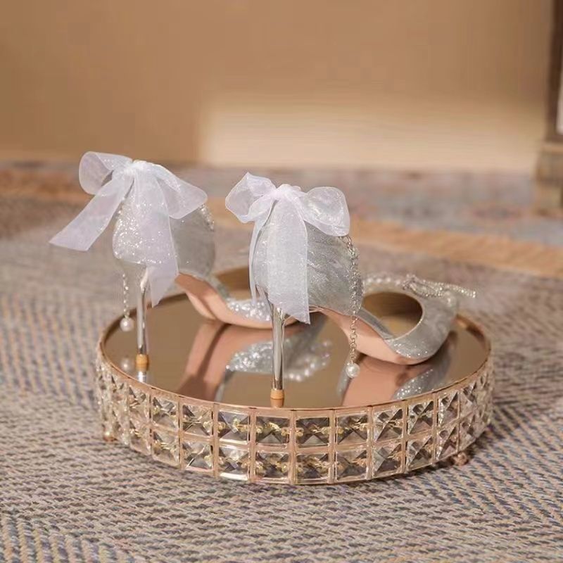 Sandals Silver Wedding Shoes French Stiletto Heel Small Height Princess Adult Ceremony Bow High Heels - Image 3